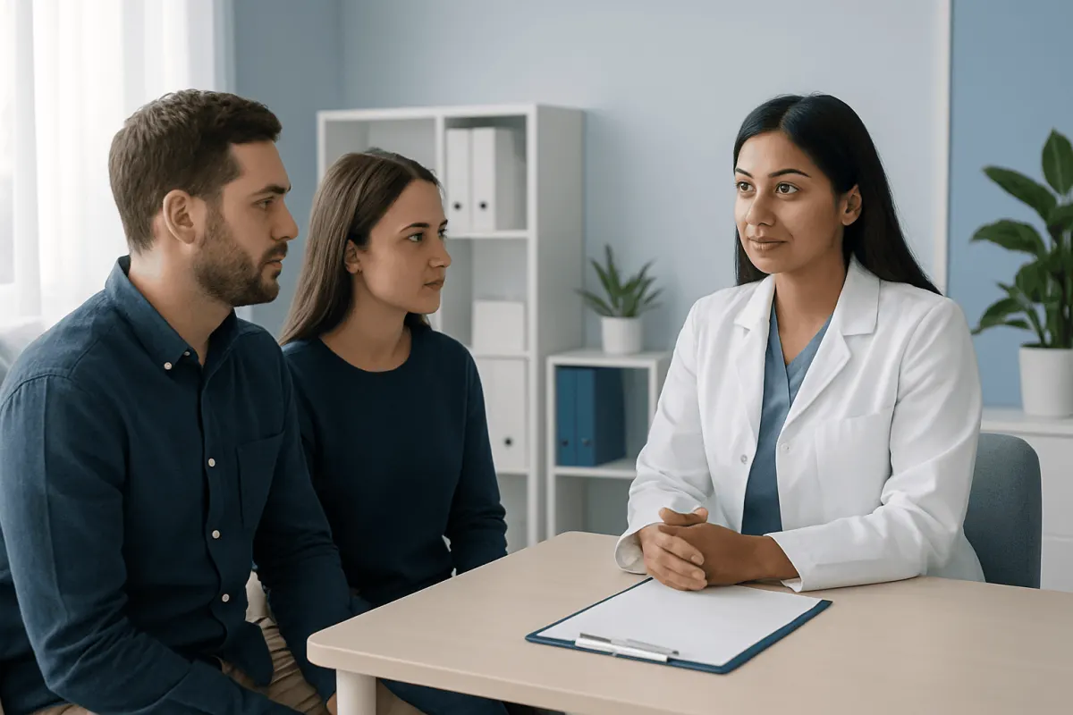 Doctor consulting with couple about paternity testing options at Acibadem Hospital.