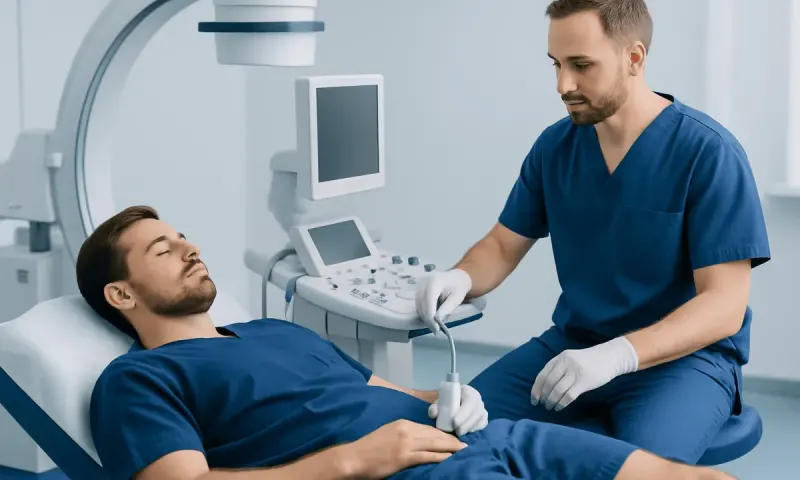 Urologist performing ultrasound examination on male patient in clinic.