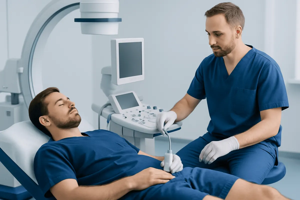 Urologist performing ultrasound examination on male patient in clinic.
