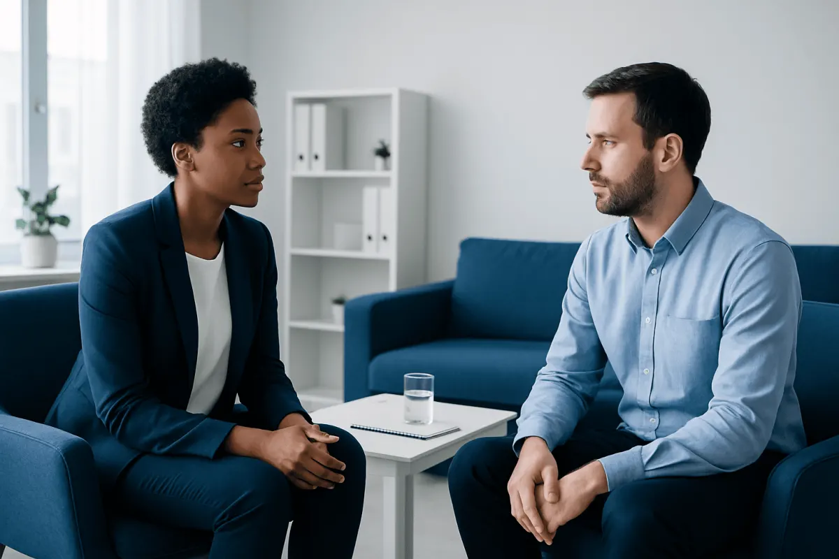 Therapist and patient in a counseling session at Acibadem Hospitals Group.