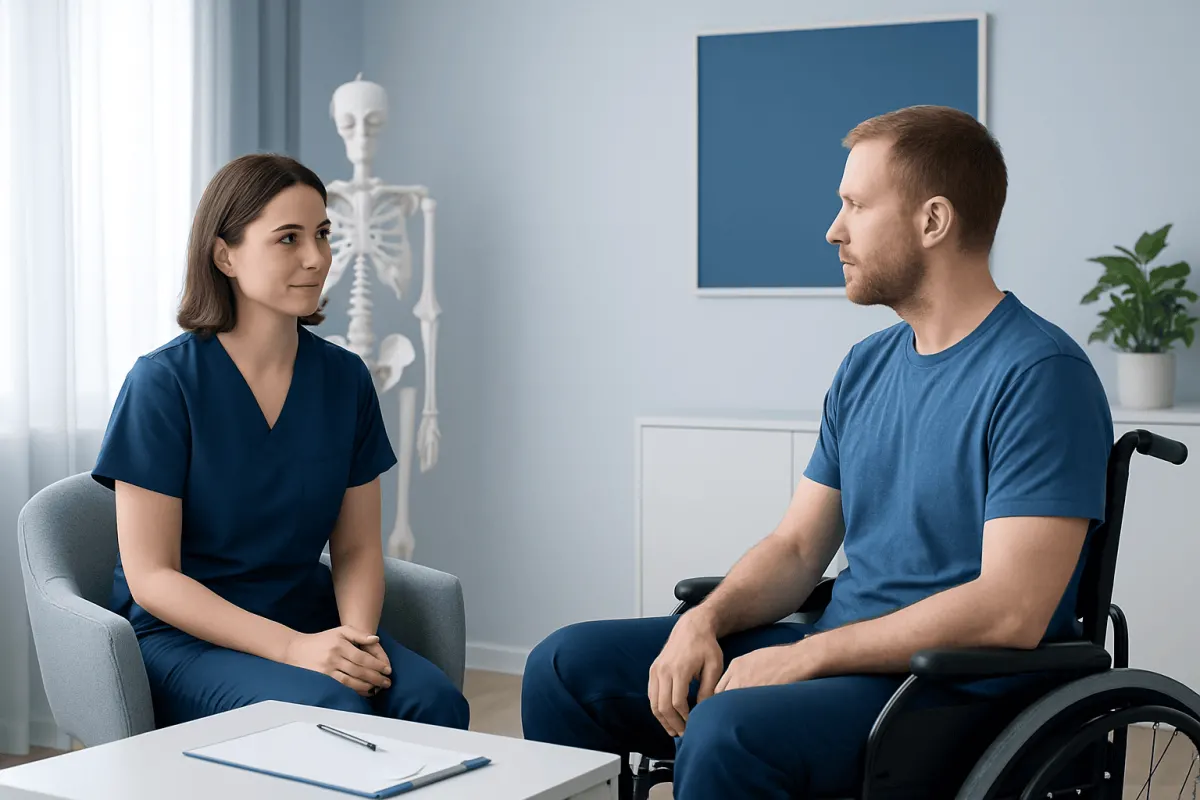 Rehabilitation consultation between a healthcare professional and a patient in a wheelchair.