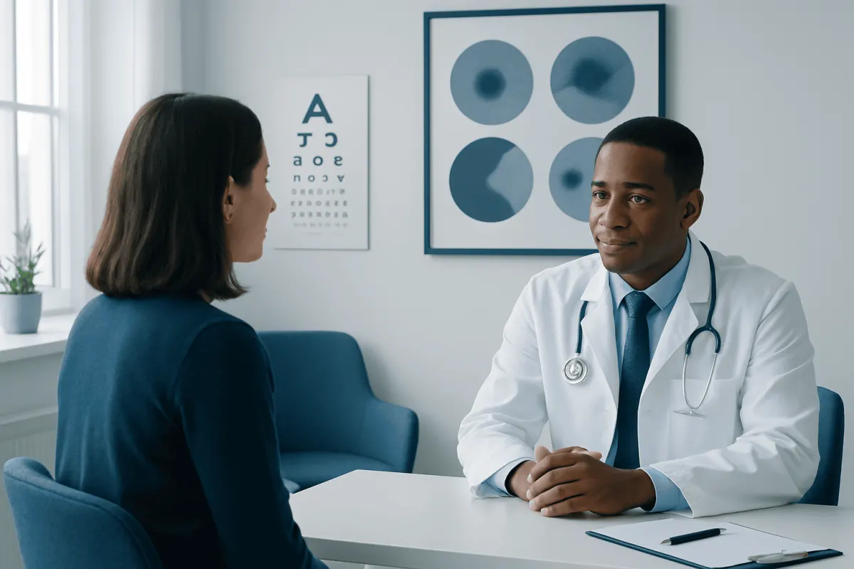 Doctor consulting with patient about eye health and vision tests.