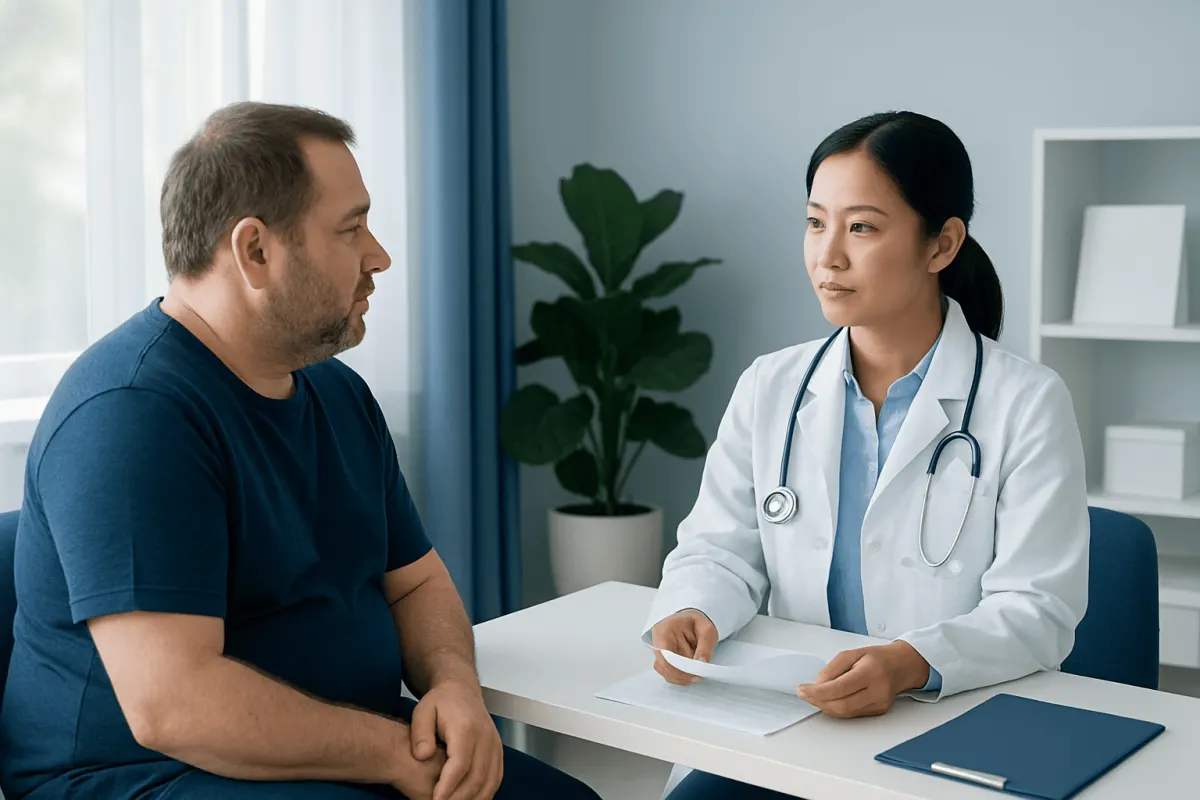 Doctor consulting with a patient about sleep apnea treatment options.