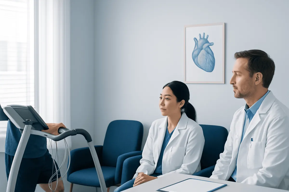 Doctors conducting a stress test on a patient in a medical clinic.