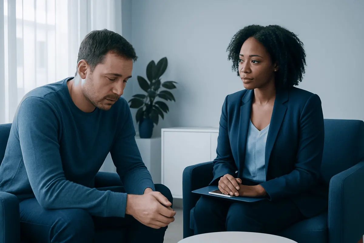 Therapist and patient in a counseling session at Acibadem Hospitals Group.