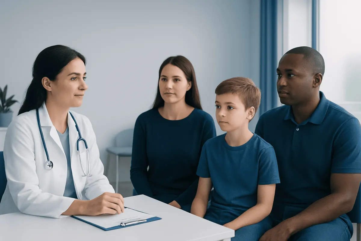 Doctor consulting with a family in a medical office setting.
