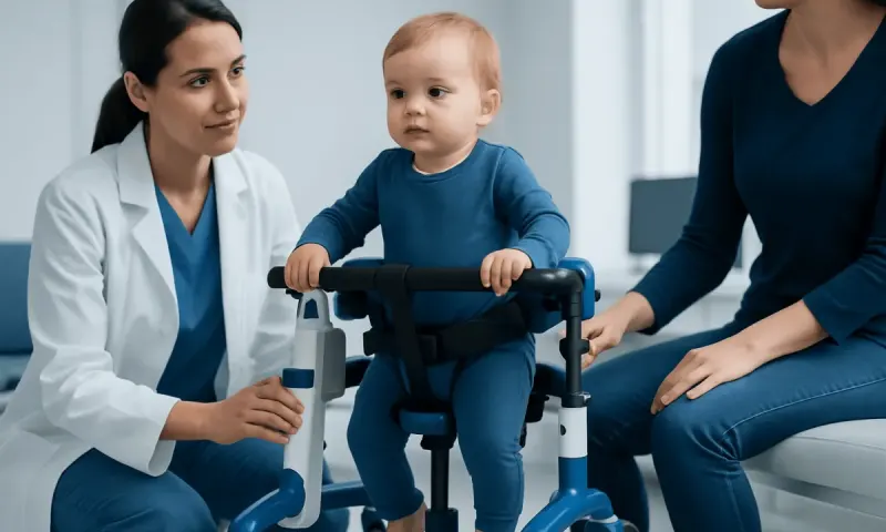 Pediatric neurologist assessing a child's motor skills in a clinical setting.