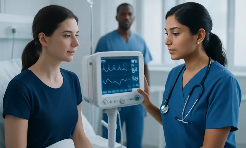 Medical professionals monitor patient with ECG in hospital setting.
