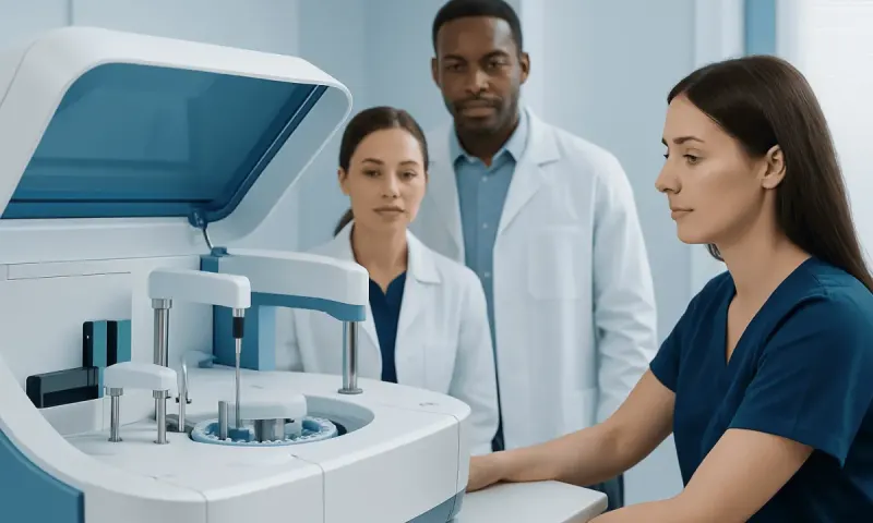 Medical professionals conducting follicle stimulating hormone test in laboratory.