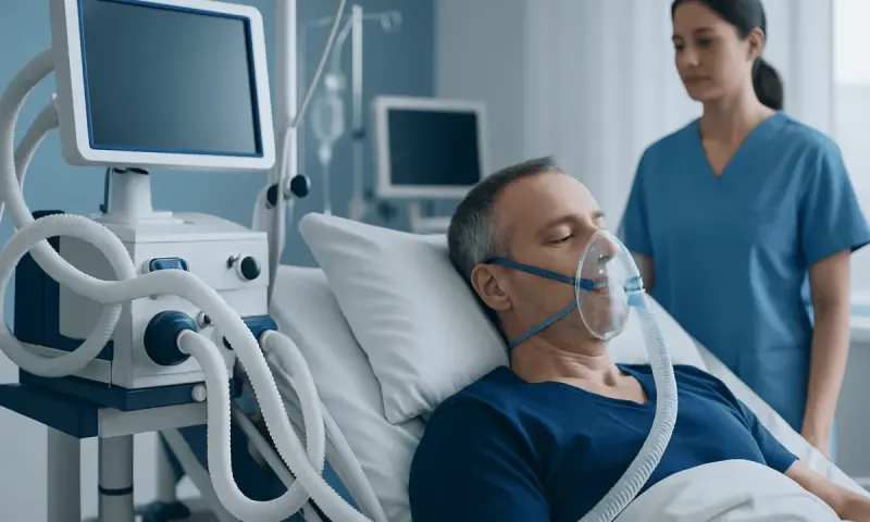 Patient on ventilator in hospital ICU with medical staff nearby.