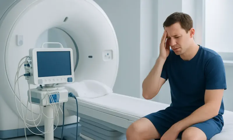 Man experiencing headache in a medical imaging room at Acibadem Hospitals.