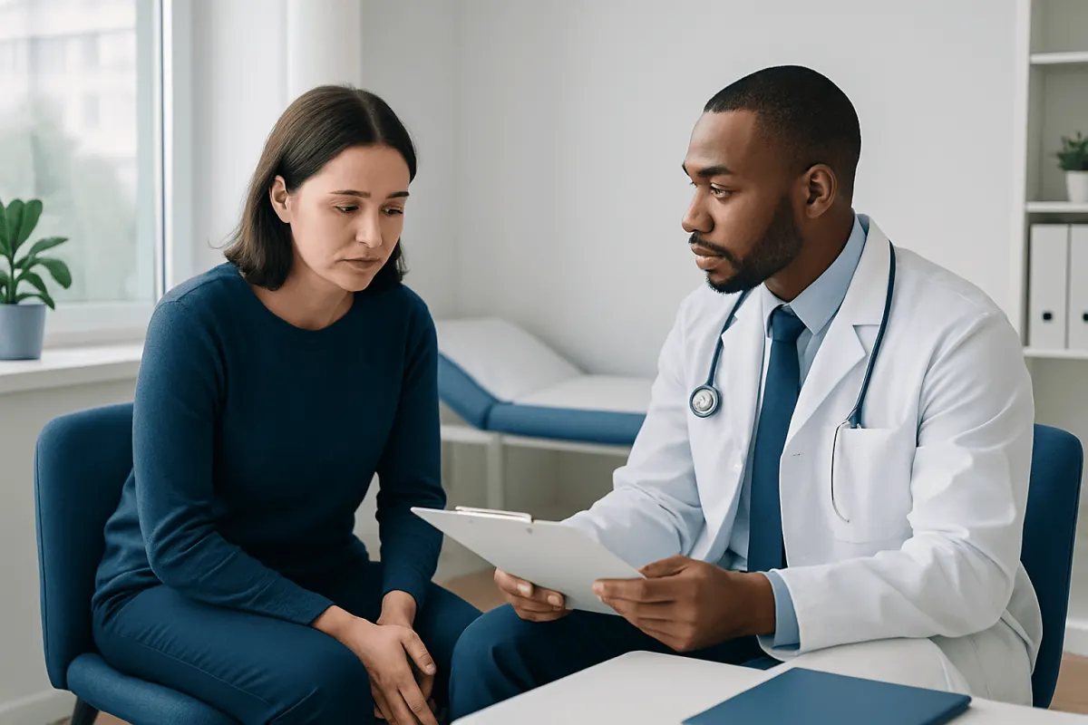 Doctor consulting with a female patient in a medical office setting.