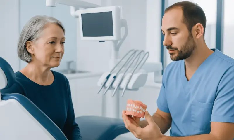 Dentist explaining denture options to an elderly patient in a clinic.