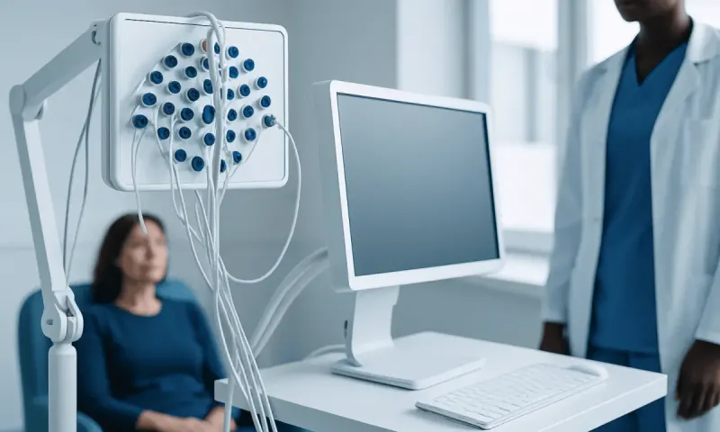 Medical technician preparing EEG equipment in a hospital setting.