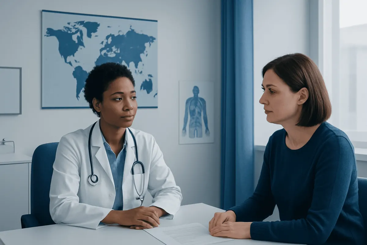 Doctor consulting with patient in a medical office with world map and anatomy posters.