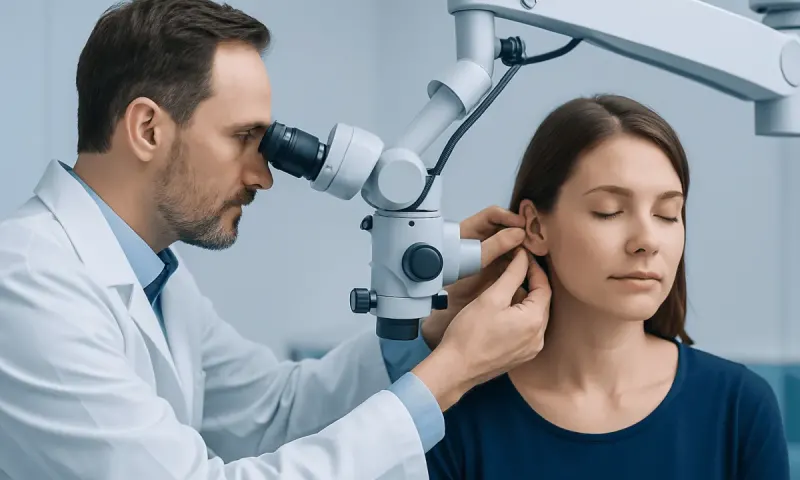 ENT specialist examining a young woman's ear with a microscope.