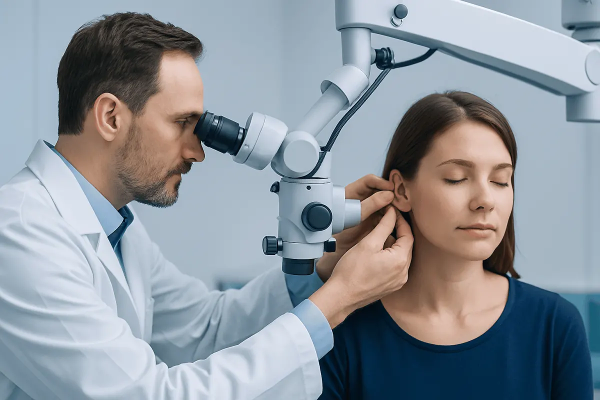 ENT specialist examining a young woman's ear with a microscope.