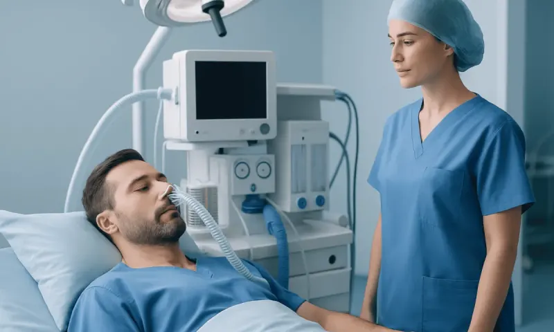 Patient in hospital bed with medical staff and ventilator equipment.