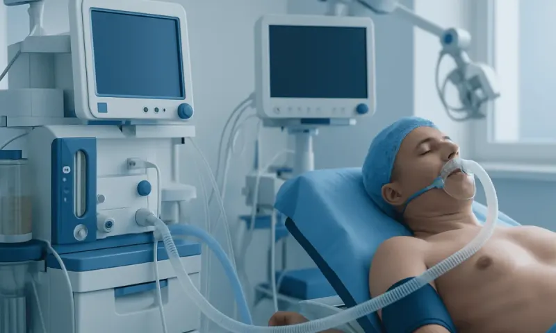 Patient in hospital bed connected to medical ventilator and monitors.