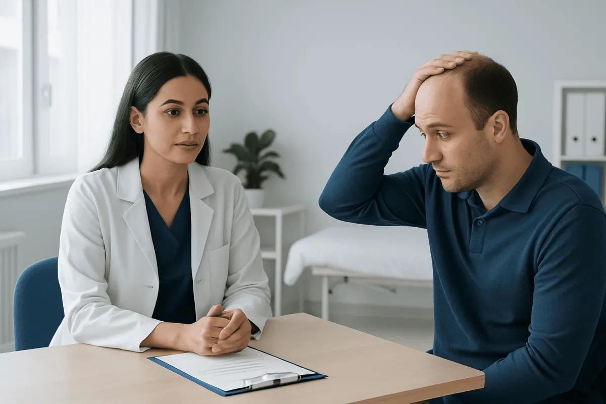 Doctor consulting with patient about hair loss treatment options.
