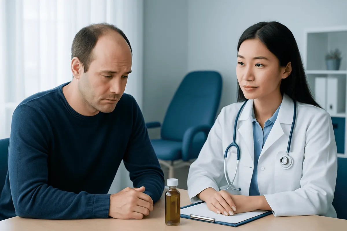 Doctor consulting with male patient about health concerns in clinic.