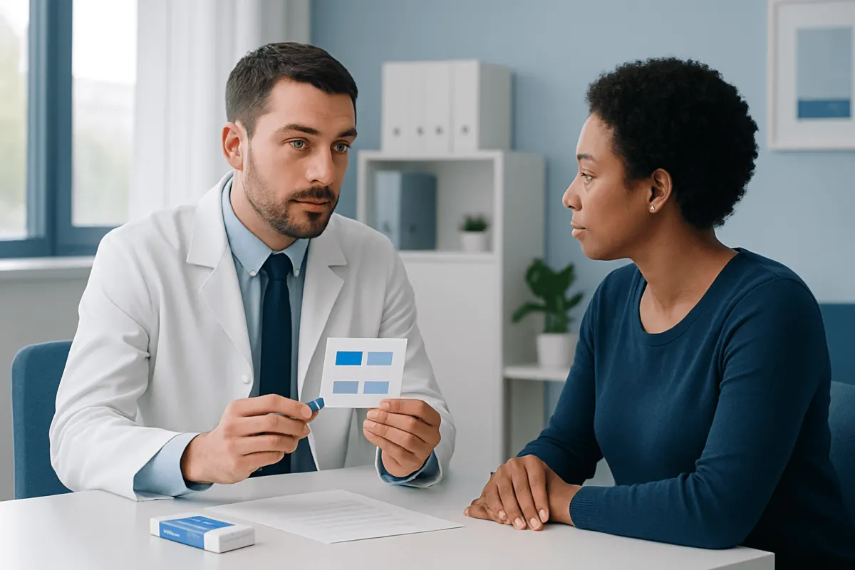 Doctor explaining bowel test kit to patient in consultation room.