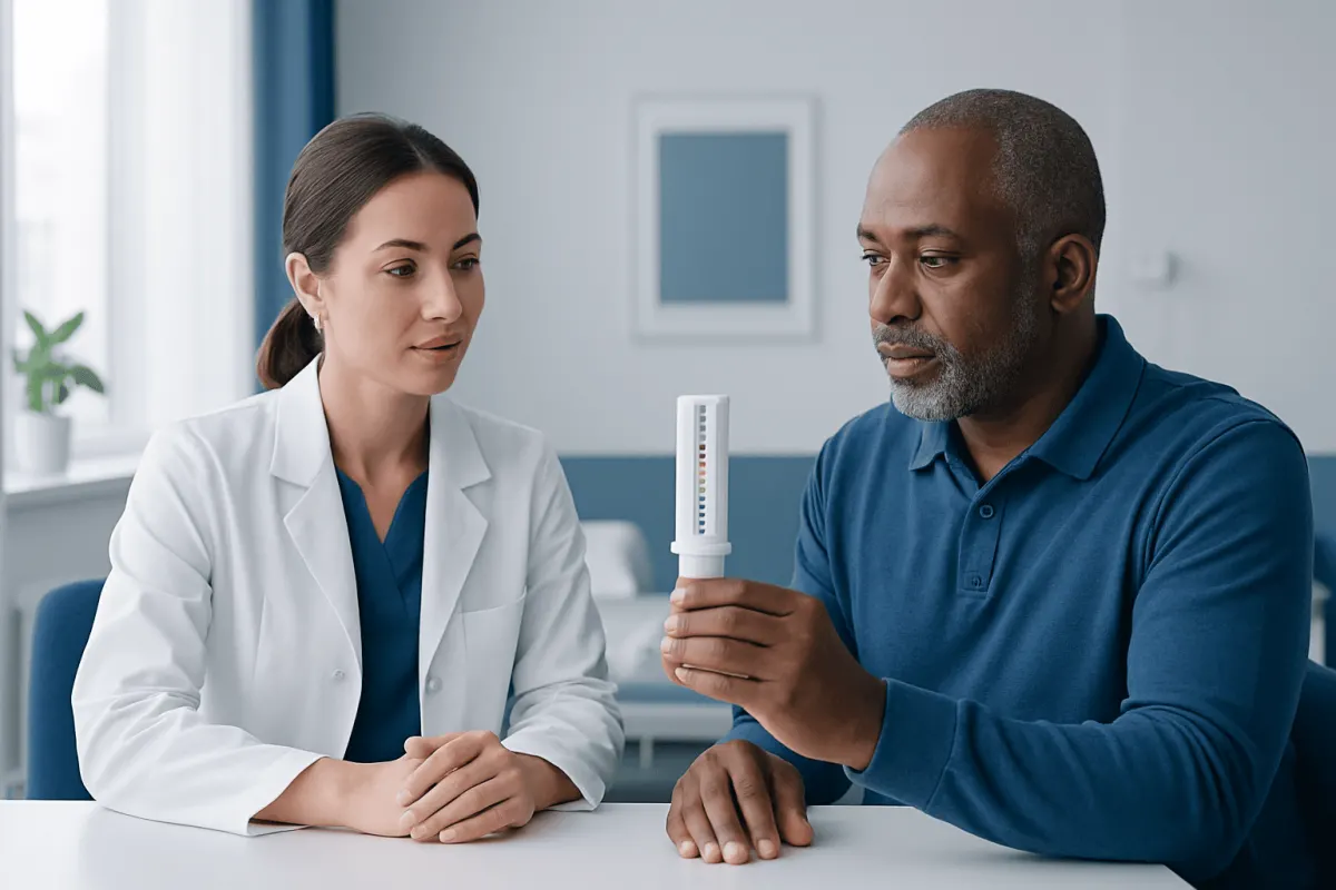 Doctor explaining peak flow meter to patient in a clinical setting.