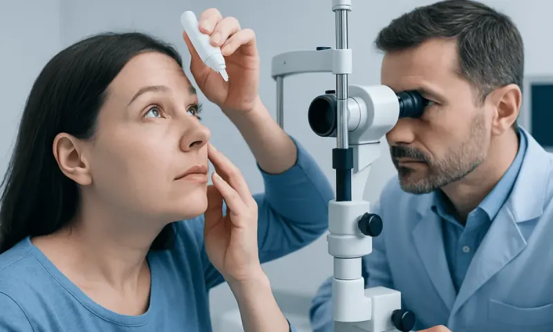 Ophthalmologist examining a woman's eye with a slit lamp.
