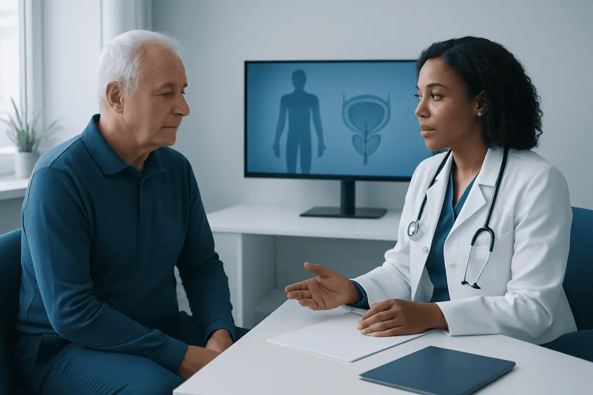 Urologist consulting with an elderly male patient in a medical office.