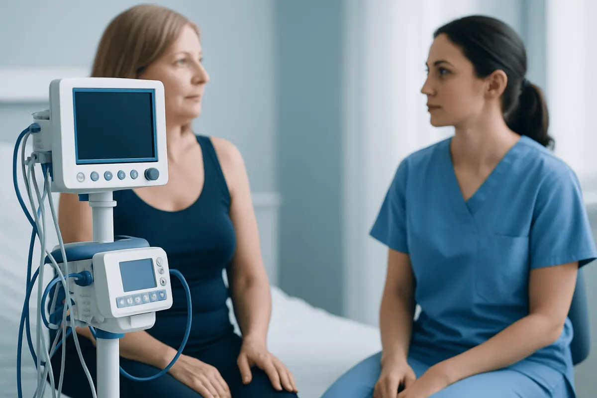 Doctor consulting patient in hospital room with medical monitor.