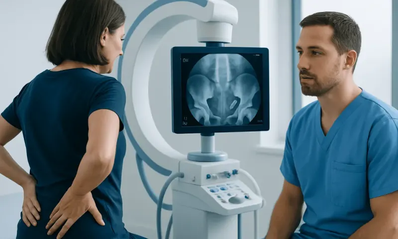 Medical professionals reviewing pelvic X-ray in a clinical setting.