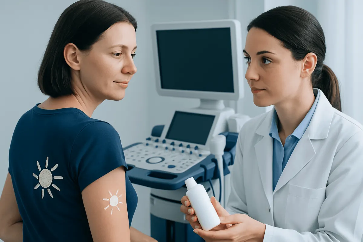 Doctor advising patient on sunscreen use in a medical clinic.