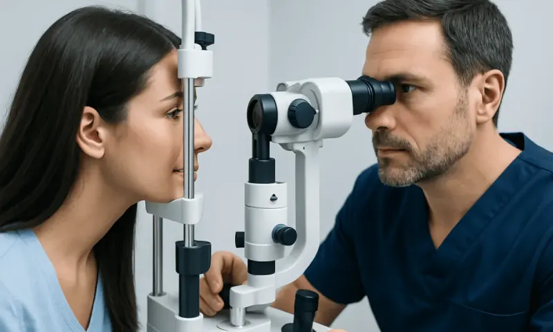 Ophthalmologist examining a woman's eyes with a slit lamp.
