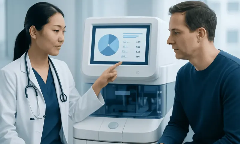 Doctor explaining cholesterol test results to patient in clinic.
