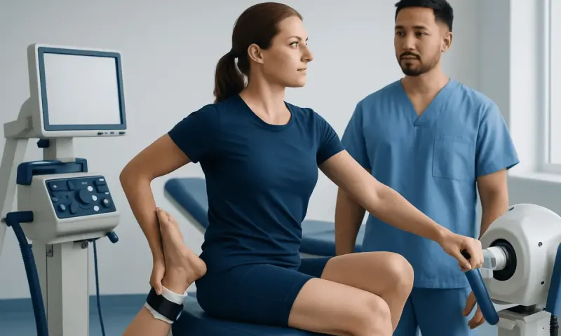 Physiotherapist assists patient with leg stretch exercise in clinic.