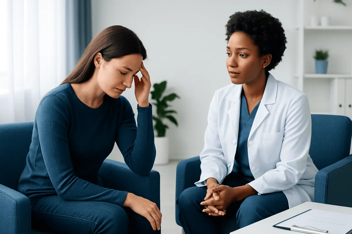 Medical consultation with a woman experiencing headache or stress.