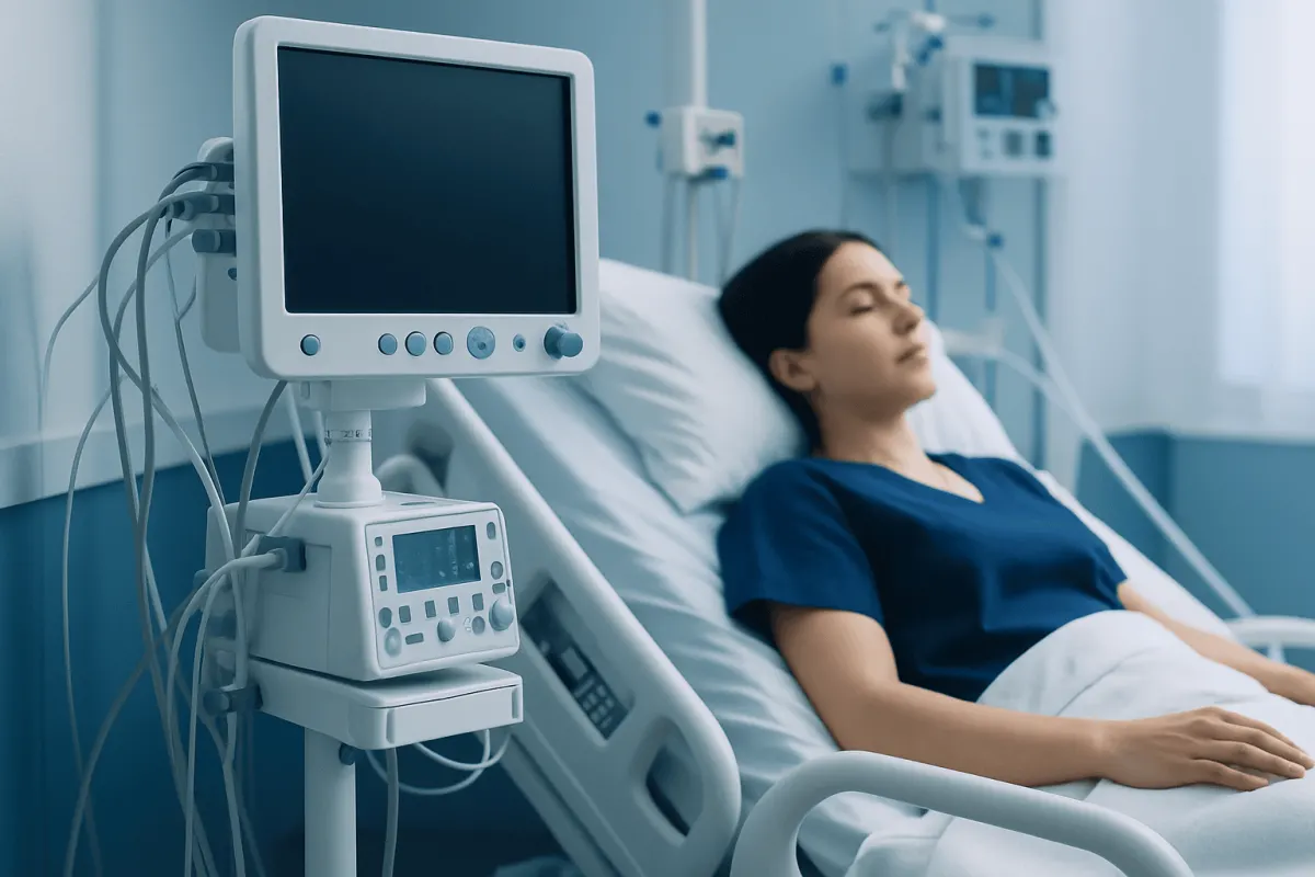 Patient resting in hospital bed with medical monitors nearby.