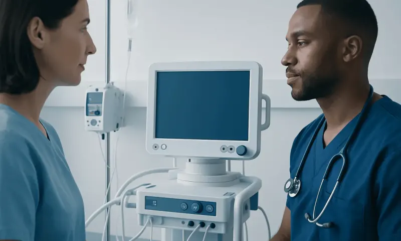 Medical professionals discussing patient care in a hospital setting.
