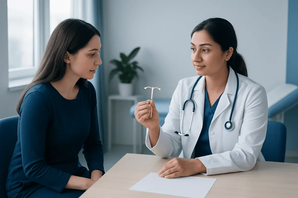 Doctor explains IUD side effects to patient in consultation room.
