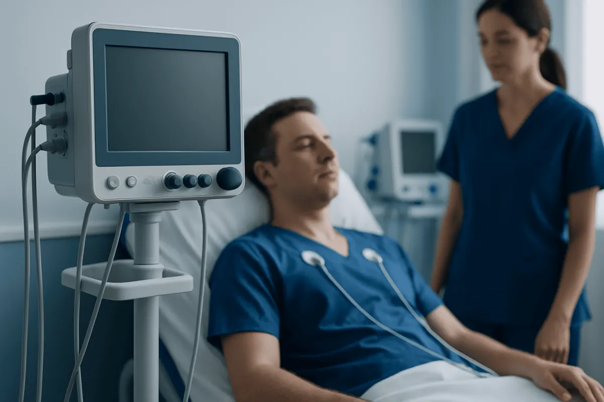 Patient in hospital bed connected to medical monitoring equipment.