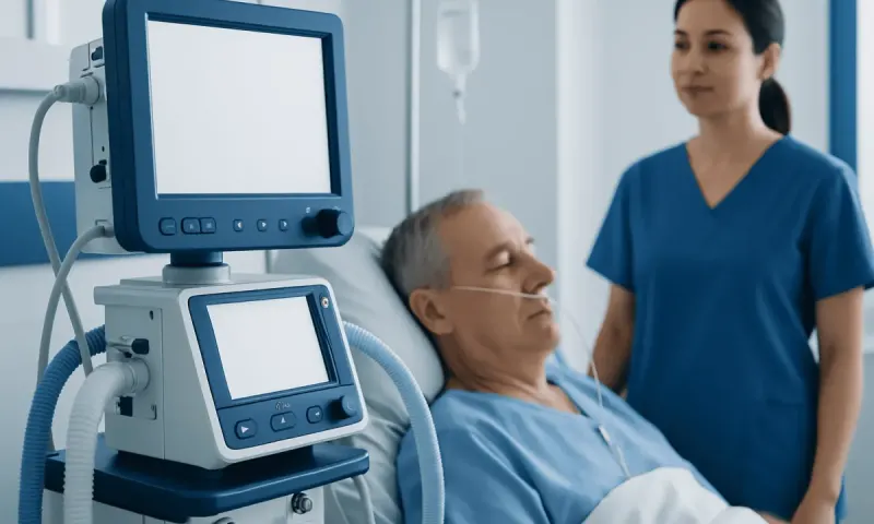 Hospital patient connected to medical ventilator with nurse nearby.
