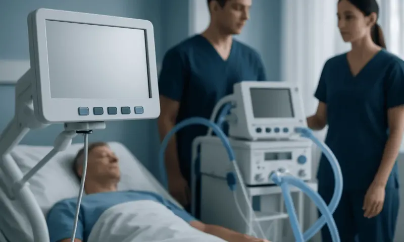 Hospital patient connected to medical ventilator with healthcare professionals nearby.