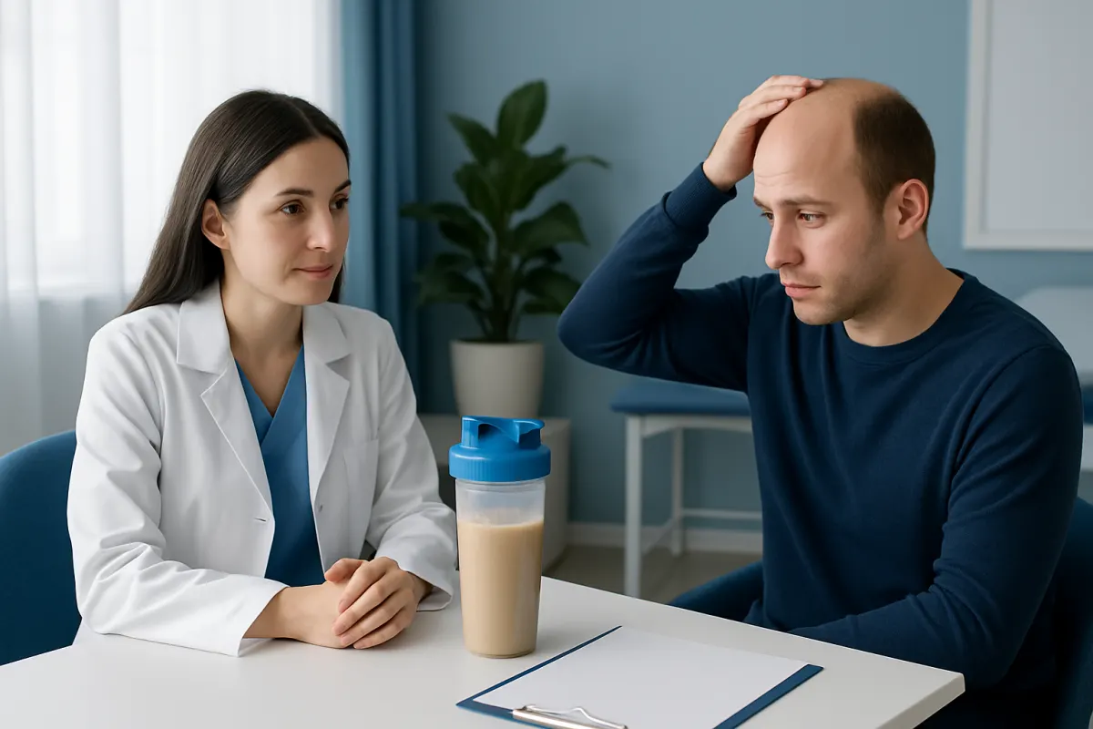 Doctor consulting with male patient about hair health and protein intake.
