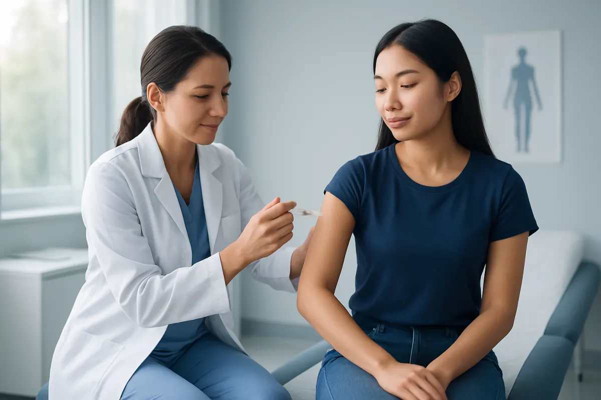 Healthcare professional administering HPV vaccine to young woman in clinic.