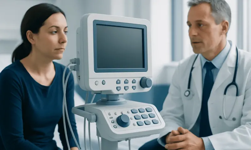 Doctor explaining medical results to a patient in a clinic setting.