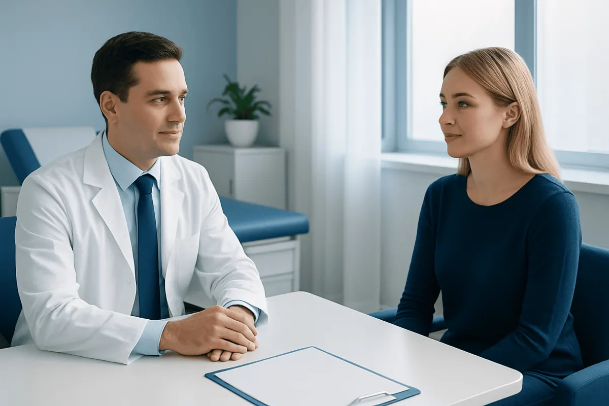 Doctor consulting with a female patient in a medical office.