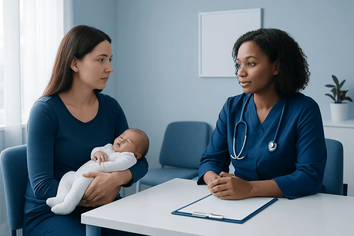 Doctor consulting new mother with baby in hospital setting.