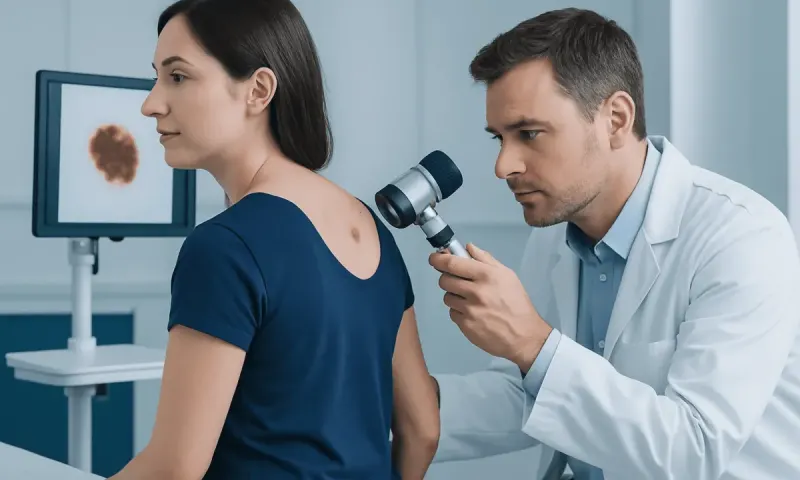 Dermatologist examining mole on patient's back for skin cancer signs.