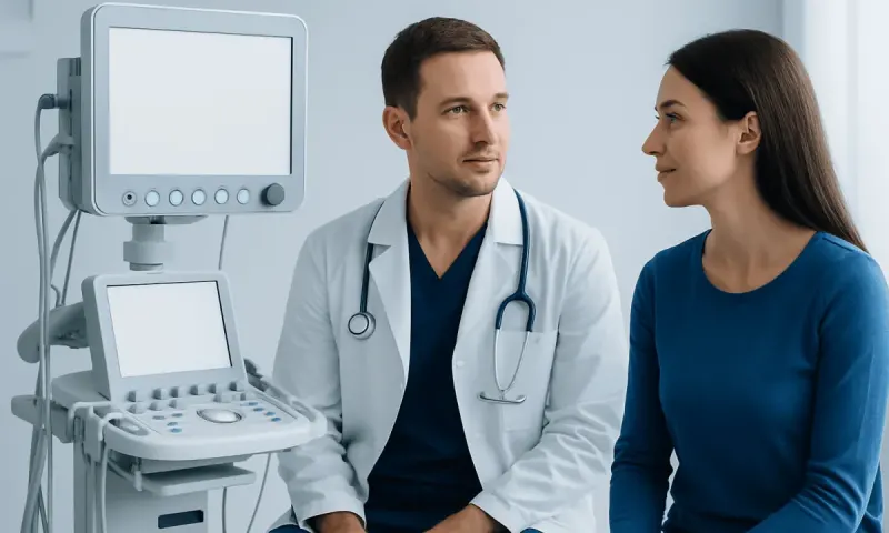 Doctor consulting with a patient in a medical examination room.