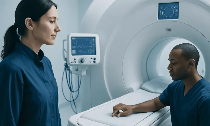 Medical professionals preparing for an MRI scan in a hospital setting.